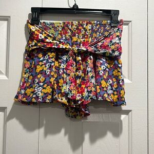Aqua Floral Shorts, Smocked Waist, Size XS